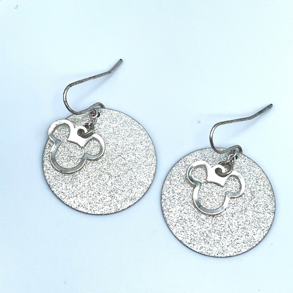 Vintage 80s Mickey Mouse Dangle Earrings Silver Tone Textured Women's Jewelry